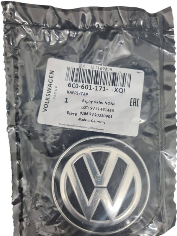 1x Original Volkswagen VW Nabendeckel Felgendeckel Alufelgen 6C0601171 XQI Verpackung